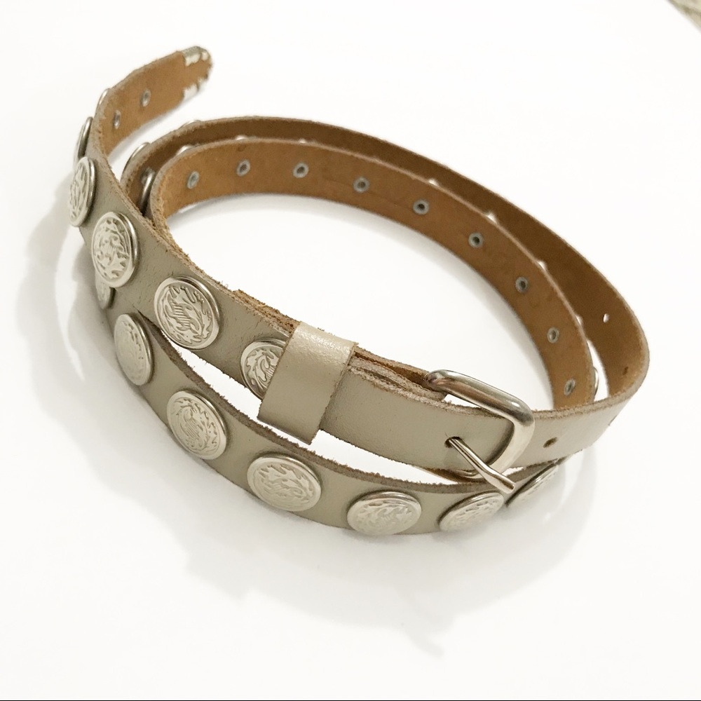 Skinny Taupe Silver Medallion Belt Leather